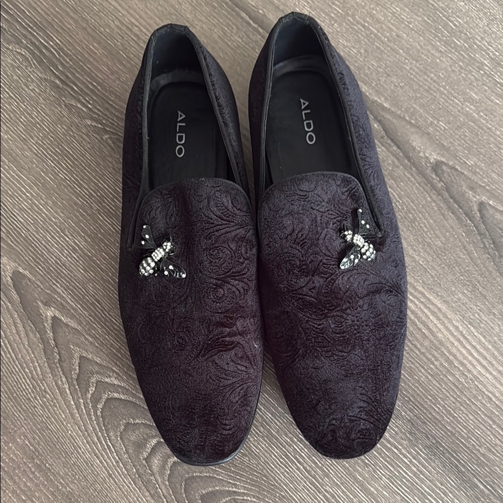 Aldo Black Velvet Loafers with Crystal Embellishments